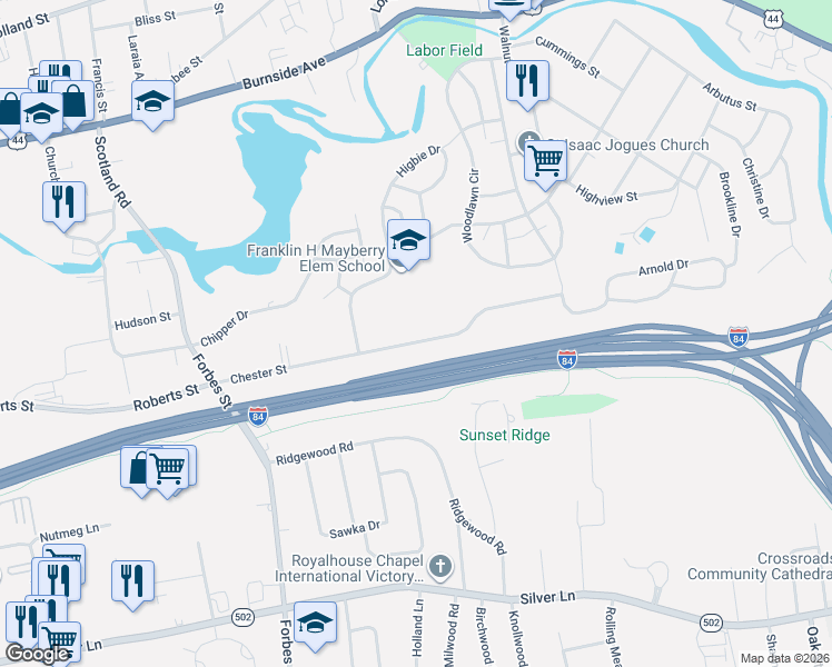 map of restaurants, bars, coffee shops, grocery stores, and more near 168 Chester Street in East Hartford