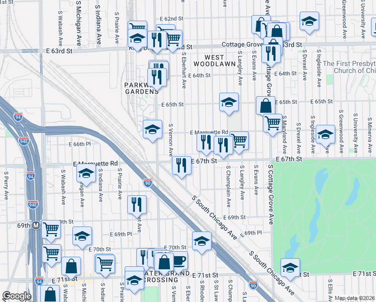 map of restaurants, bars, coffee shops, grocery stores, and more near 6644 South Marquette Road in Chicago