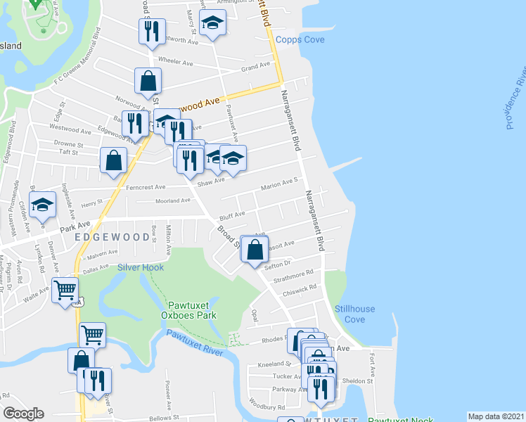 map of restaurants, bars, coffee shops, grocery stores, and more near 120 Bluff Avenue in Cranston