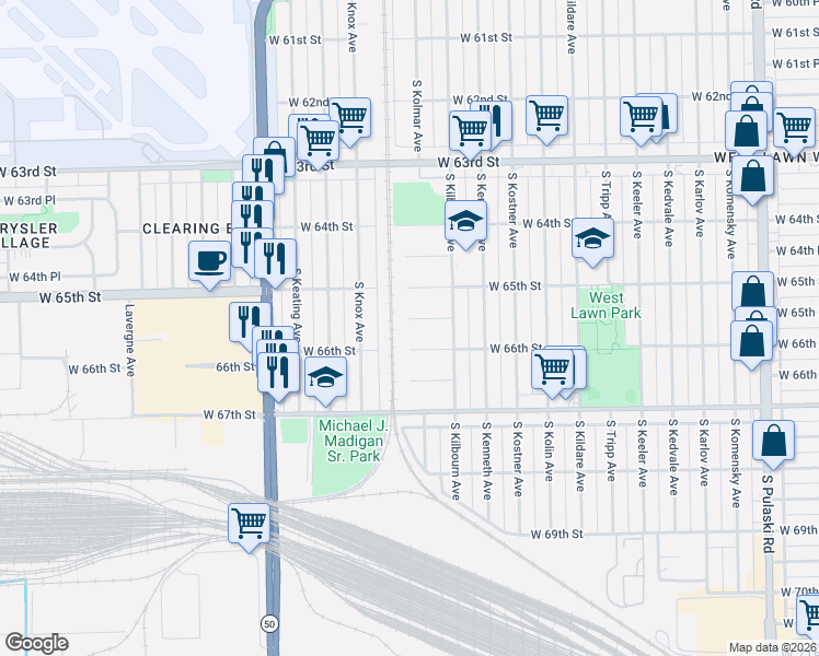 map of restaurants, bars, coffee shops, grocery stores, and more near 4543 West 65th Place in Chicago