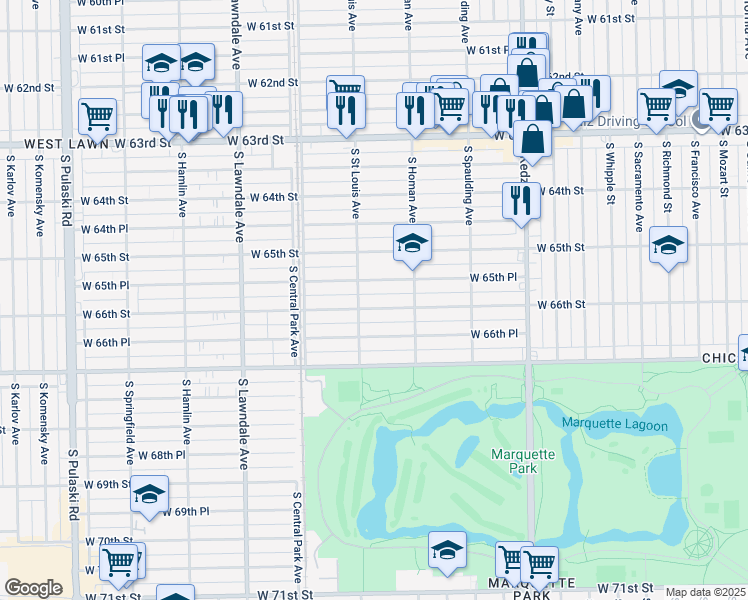 map of restaurants, bars, coffee shops, grocery stores, and more near 3444 West 66th Street in Chicago