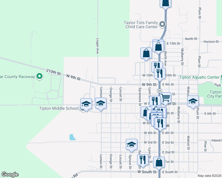 map of restaurants, bars, coffee shops, grocery stores, and more near 851 Orange Street in Tipton