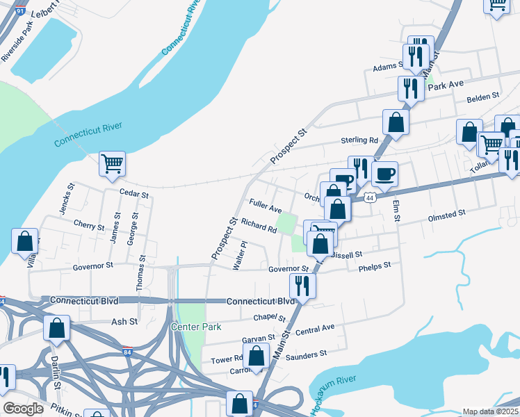 map of restaurants, bars, coffee shops, grocery stores, and more near 27 Fuller Avenue in East Hartford