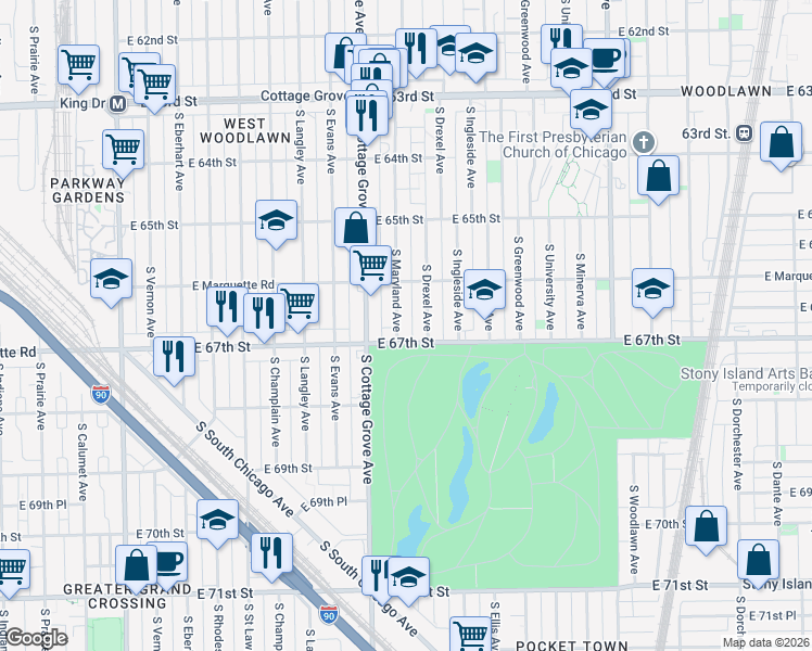 map of restaurants, bars, coffee shops, grocery stores, and more near 6647 South Maryland Avenue in Chicago