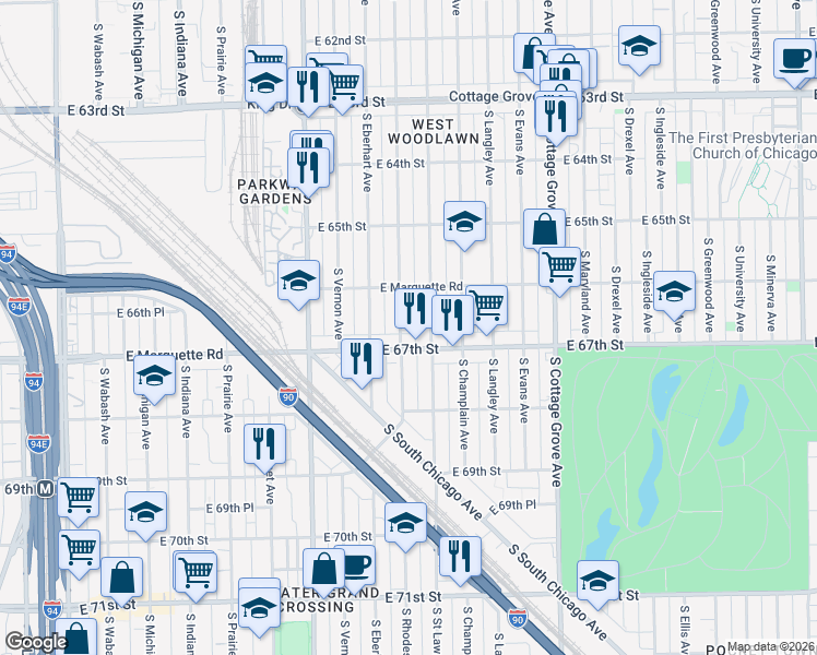 map of restaurants, bars, coffee shops, grocery stores, and more near 6644 South Rhodes Avenue in Chicago