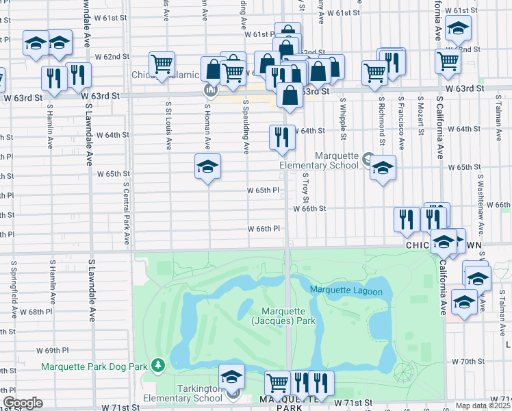 map of restaurants, bars, coffee shops, grocery stores, and more near 3246 West 66th Street in Chicago
