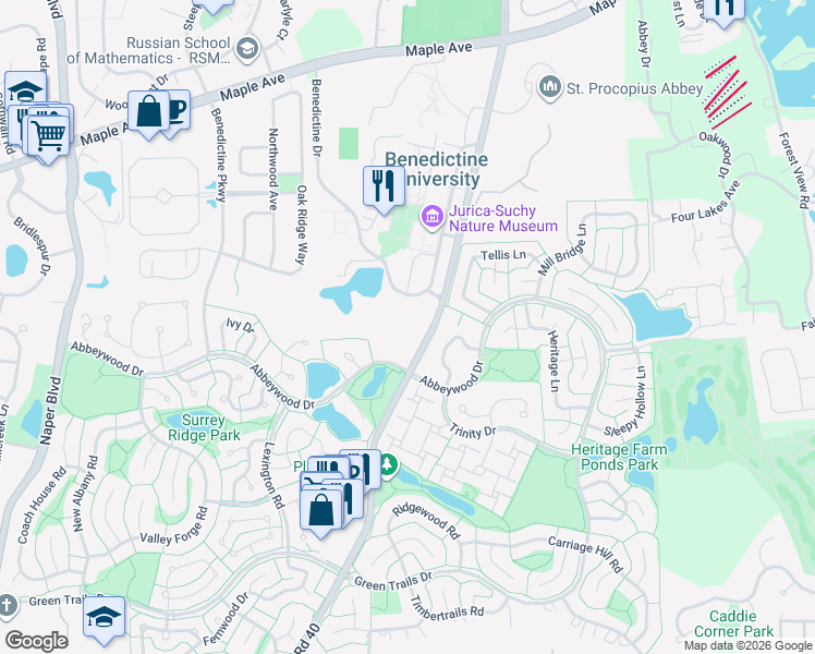 map of restaurants, bars, coffee shops, grocery stores, and more near 2230 Abbeywood Drive in Lisle