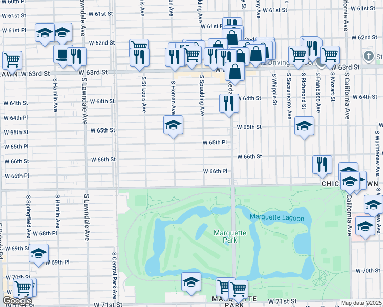 map of restaurants, bars, coffee shops, grocery stores, and more near 3322 West 66th Street in Chicago