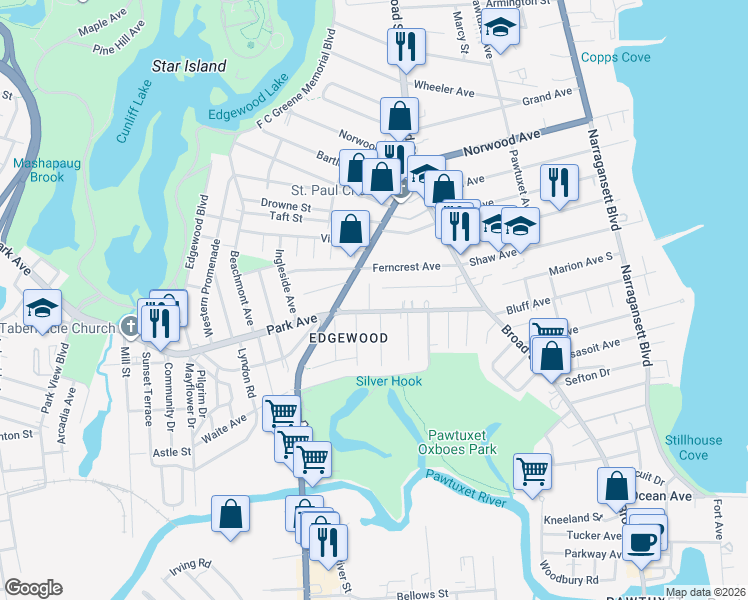 map of restaurants, bars, coffee shops, grocery stores, and more near 89 Park Avenue in Cranston