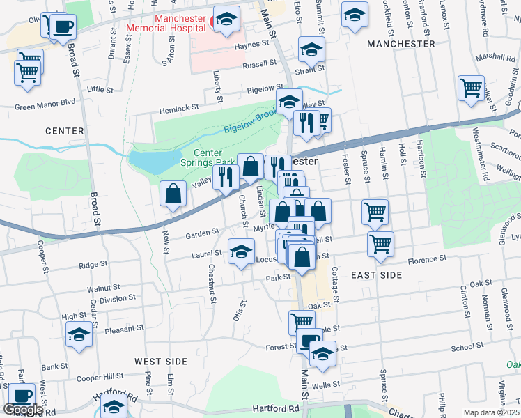map of restaurants, bars, coffee shops, grocery stores, and more near 11 Chestnut Street in Manchester