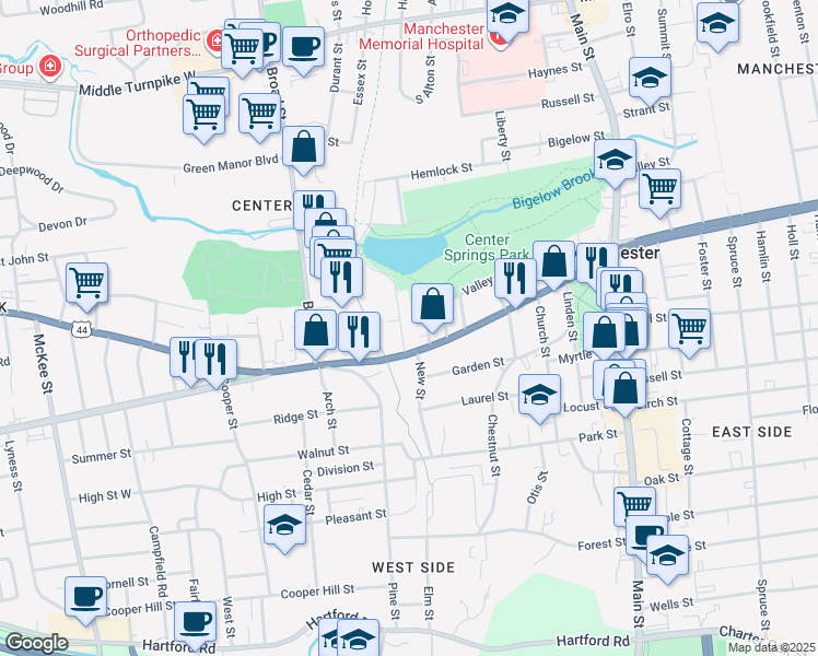 map of restaurants, bars, coffee shops, grocery stores, and more near 15 Edgerton Street in Manchester