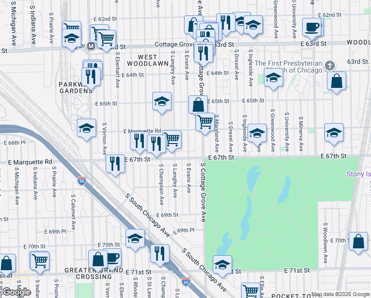 map of restaurants, bars, coffee shops, grocery stores, and more near 714 East 67th Street in Chicago