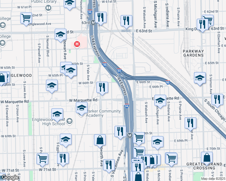 map of restaurants, bars, coffee shops, grocery stores, and more near 6636 South Perry Avenue in Chicago