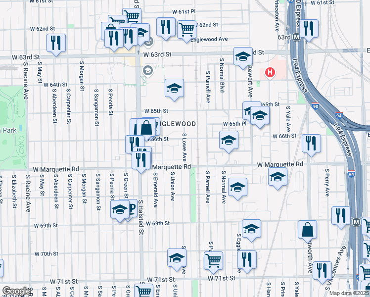 map of restaurants, bars, coffee shops, grocery stores, and more near 6629 South Lowe Avenue in Chicago