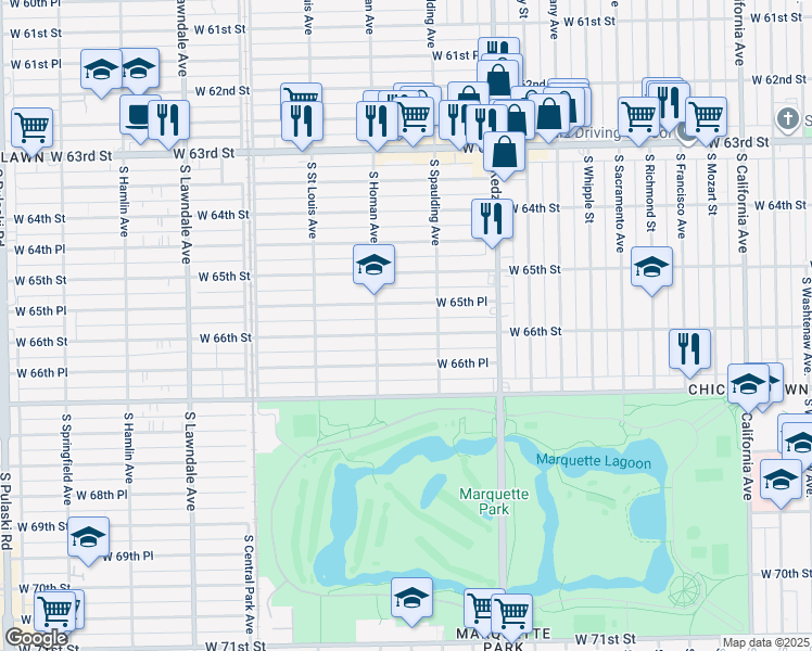 map of restaurants, bars, coffee shops, grocery stores, and more near 3322 West 66th Street in Chicago