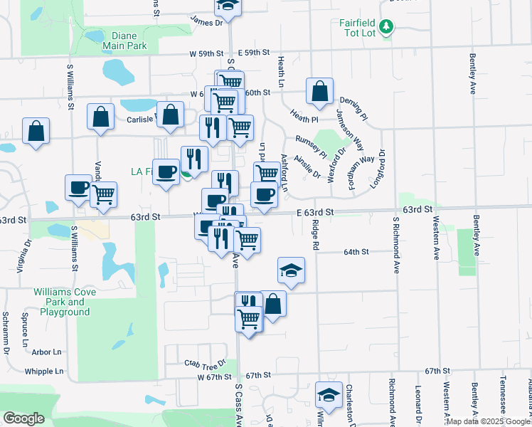 map of restaurants, bars, coffee shops, grocery stores, and more near 35 East 63rd Street in Westmont