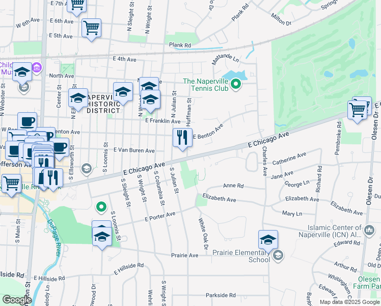map of restaurants, bars, coffee shops, grocery stores, and more near 821 Chicago Avenue in Naperville