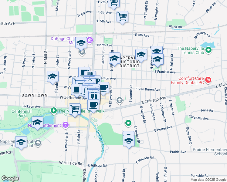 map of restaurants, bars, coffee shops, grocery stores, and more near 119 South Brainard Street in Naperville