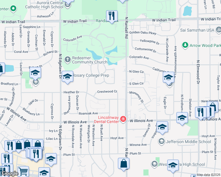map of restaurants, bars, coffee shops, grocery stores, and more near 1445 Crestwood Court in Aurora