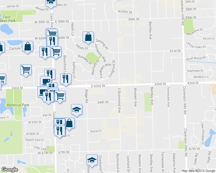 map of restaurants, bars, coffee shops, grocery stores, and more near 547 East 63rd Street in Westmont