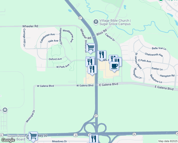 map of restaurants, bars, coffee shops, grocery stores, and more near North Sugar Grove Parkway in Sugar Grove