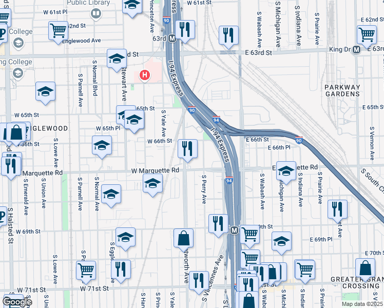 map of restaurants, bars, coffee shops, grocery stores, and more near 6633 South Wentworth Avenue in Chicago