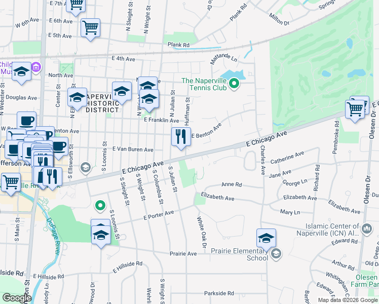 map of restaurants, bars, coffee shops, grocery stores, and more near 821 Chicago Avenue in Naperville