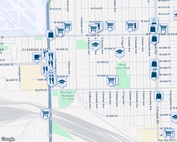 map of restaurants, bars, coffee shops, grocery stores, and more near 4501 West 65th Place in Chicago