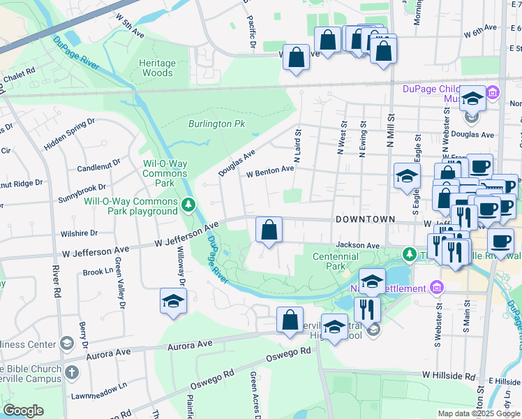 map of restaurants, bars, coffee shops, grocery stores, and more near 73 Forest Avenue in Naperville