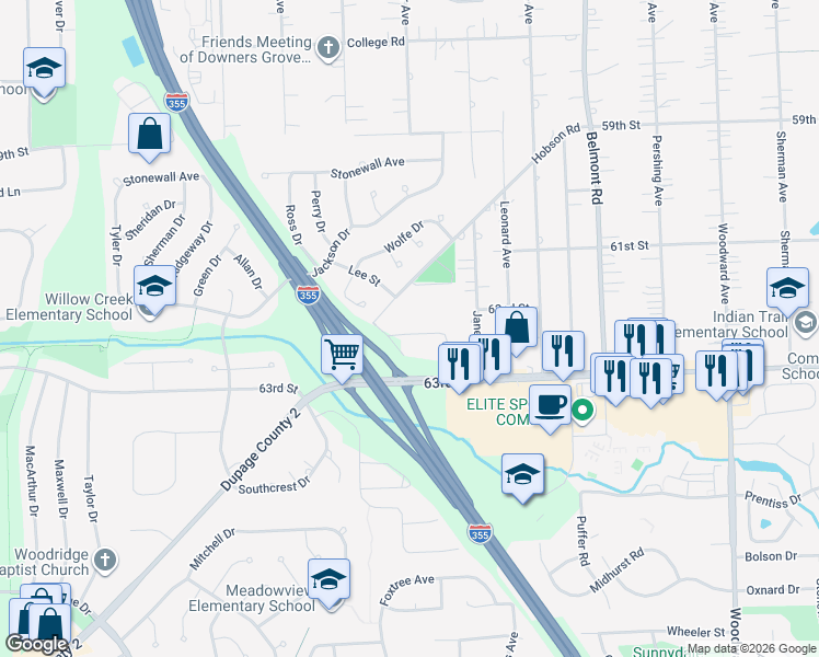 map of restaurants, bars, coffee shops, grocery stores, and more near 2527 Huntleigh Lane in Woodridge