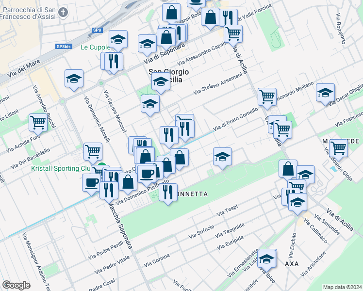 map of restaurants, bars, coffee shops, grocery stores, and more near 87 Via di Prato Cornelio in Acilia-Castel Fusano-Ostia Antica