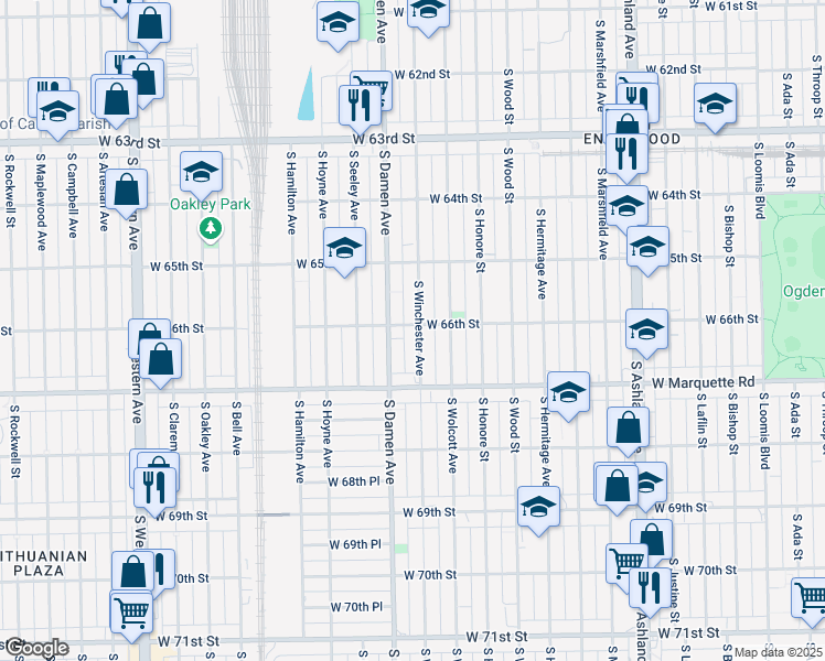 map of restaurants, bars, coffee shops, grocery stores, and more near 6602 South Winchester Avenue in Chicago