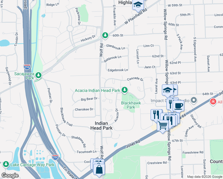 map of restaurants, bars, coffee shops, grocery stores, and more near 12 Hawthorne Square in Indian Head Park