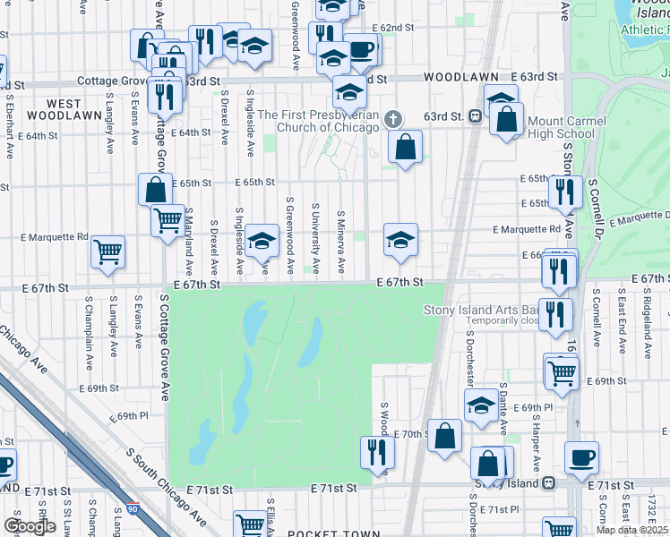 map of restaurants, bars, coffee shops, grocery stores, and more near 6653 South Minerva Avenue in Chicago