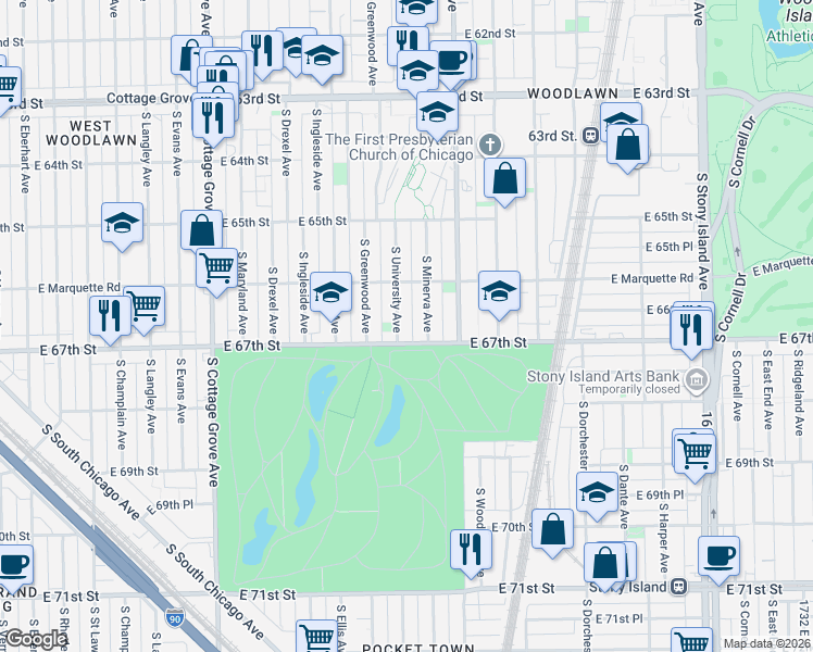 map of restaurants, bars, coffee shops, grocery stores, and more near 6652 South University Avenue in Chicago