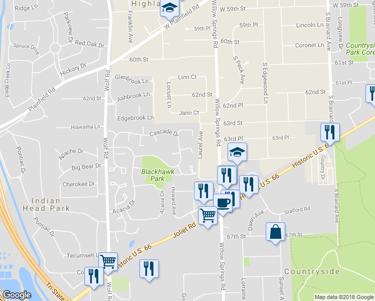 map of restaurants, bars, coffee shops, grocery stores, and more near 3 Deercrest Lane in Indian Head Park