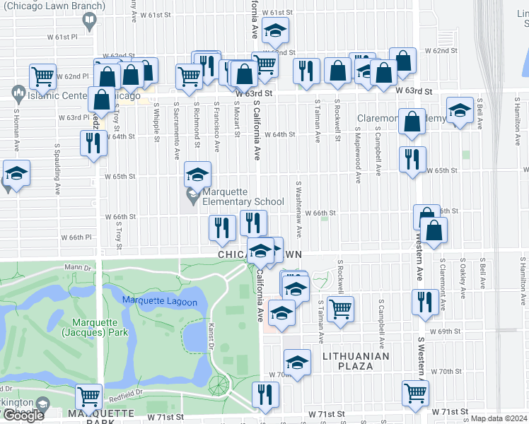 map of restaurants, bars, coffee shops, grocery stores, and more near 2754 West 66th Street in Chicago