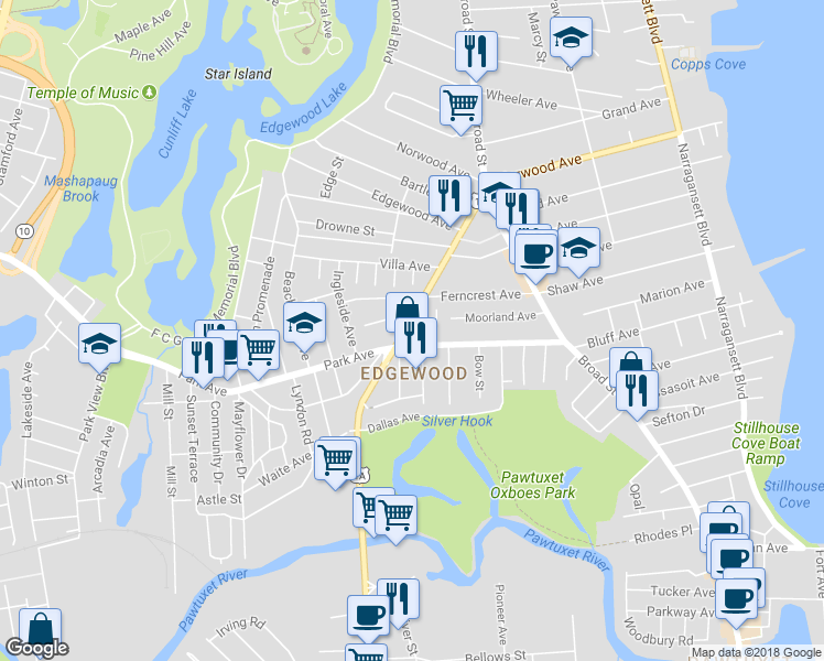 map of restaurants, bars, coffee shops, grocery stores, and more near 132 Warwick Avenue in Cranston