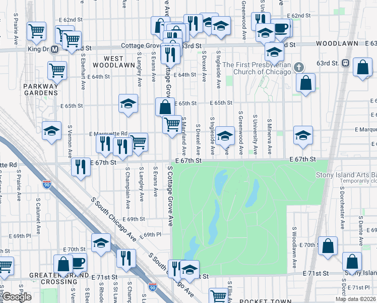 map of restaurants, bars, coffee shops, grocery stores, and more near 6647 South Maryland Avenue in Chicago