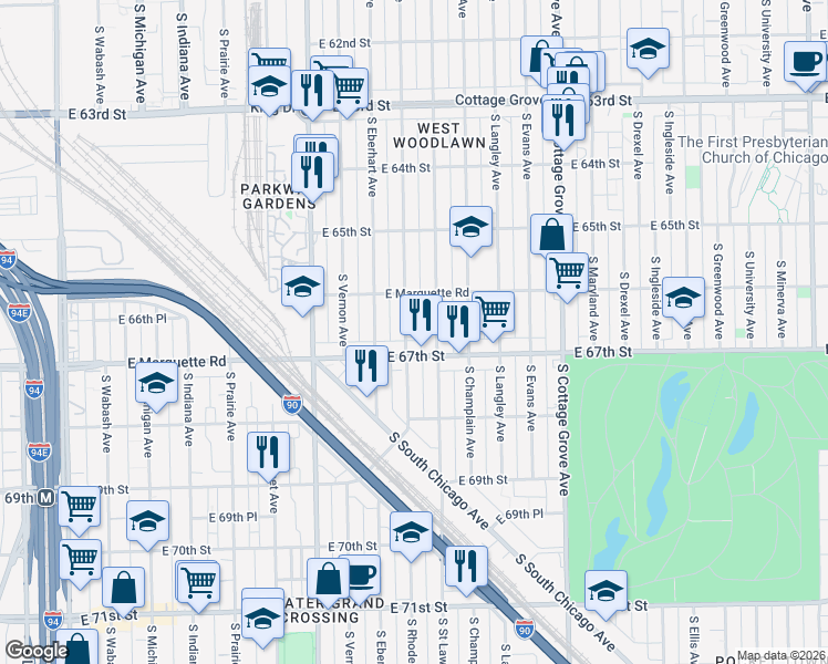 map of restaurants, bars, coffee shops, grocery stores, and more near 6644 South Rhodes Avenue in Chicago