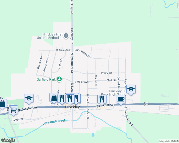 map of restaurants, bars, coffee shops, grocery stores, and more near 550 North Oak Street in Hinckley