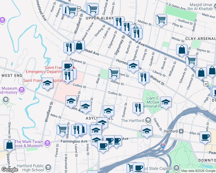 map of restaurants, bars, coffee shops, grocery stores, and more near 236 Collins Street in Hartford