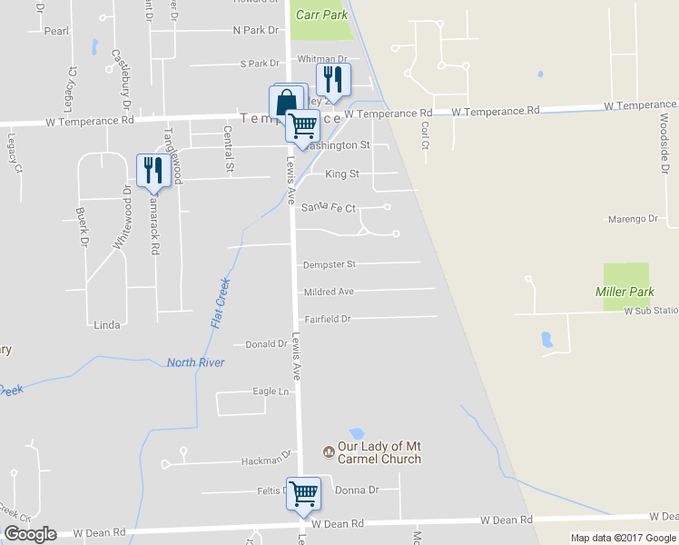 map of restaurants, bars, coffee shops, grocery stores, and more near 909 Dempster Street in Temperance