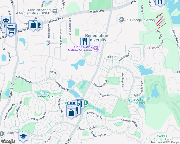 map of restaurants, bars, coffee shops, grocery stores, and more near 2230 Abbeywood Drive in Lisle