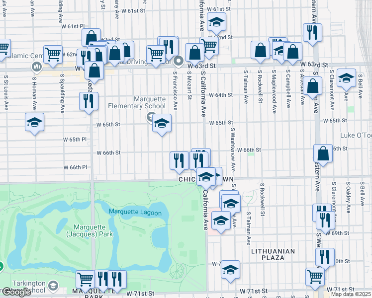 map of restaurants, bars, coffee shops, grocery stores, and more near 2844 West 66th Street in Chicago
