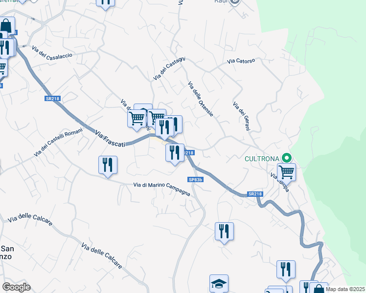 map of restaurants, bars, coffee shops, grocery stores, and more near 242 Via Frascati in Rocca di Papa