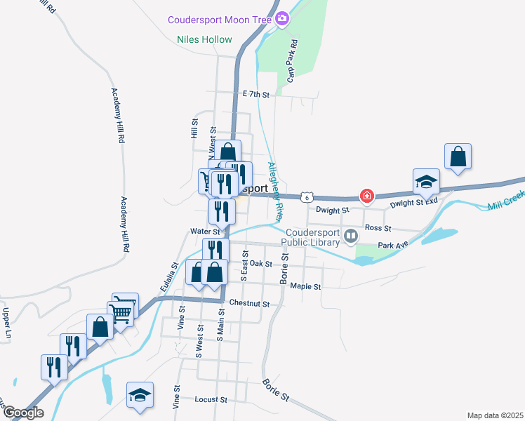 map of restaurants, bars, coffee shops, grocery stores, and more near 8 East Street in Coudersport