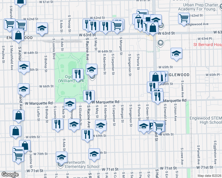 map of restaurants, bars, coffee shops, grocery stores, and more near 6620 South Carpenter Street in Chicago