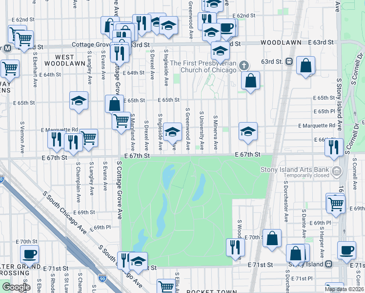 map of restaurants, bars, coffee shops, grocery stores, and more near 1026 East 67th Street in Chicago