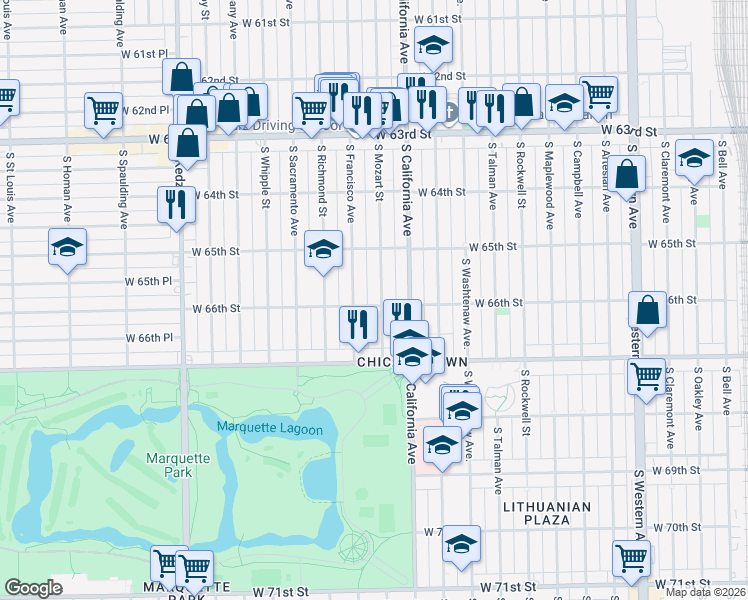 map of restaurants, bars, coffee shops, grocery stores, and more near 6556 South Mozart Street in Chicago